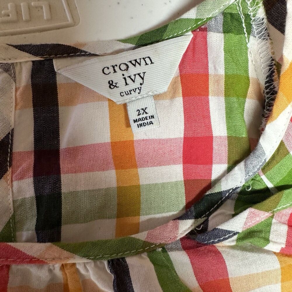 Crown & Ivy Top Size 2X Plaid Colorful Vibrant Ruffle Cotton Long Sleeve - Picture 5 of 8